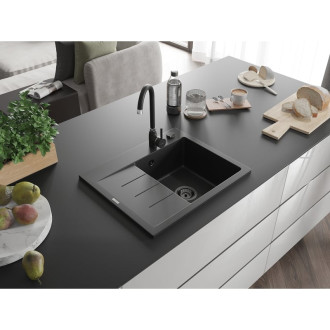 Jednodrezový žulový drez Mexen Ben s odkvapkávačom, pravý, 600 x 500 mm, čierny, čierny sifón - 6523605000-77-B