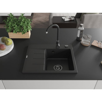 Jednodrezový žulový drez Mexen Ben s odkvapkávačom, pravý, 600 x 500 mm, čierny, čierny sifón - 6523605000-77-B