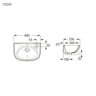 Mereo Umývátko 40 cm, s otvorem pro baterii, keramika M-VSD40