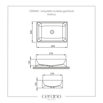 CERANO - Umývadlo granitové Andrius - na dosku - čierna matná - 60x40 cm