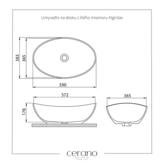 CERANO - Umývadlo z liateho mramoru Algirdas - na dosku - biela lesklá - 59x38,3 cm