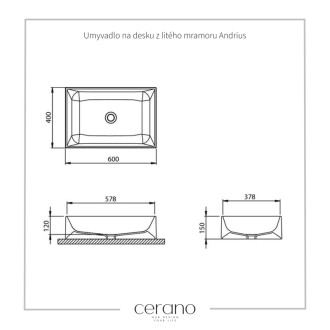 CERANO - Umývadlo z liateho mramoru - Andrius - na dosku - biela lesklá - 60x40 cm
