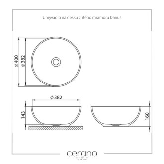 CERANO - Umývadlo z liateho mramoru Darius - na dosku - biela lesklá - ø 40 cm