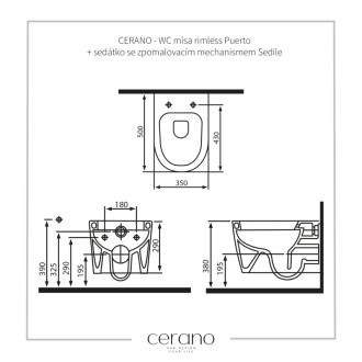 CERANO - Závesná WC misa Puerto, Rimless + sedátko Sedile, softclose - biela lesklá - 35x50 cm