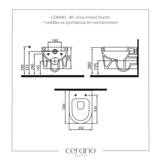CERANO - Závesná WC misa Puerto, Rimless + sedátko Seggio, softclose - biela lesklá - 35x50 cm