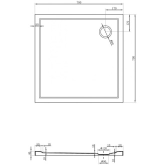 Mexen Flow úzka štvorcová sprchová vanička 70 x 70 cm, biely lesk - 46S107070
