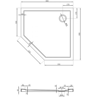 Mexen Flow úzka päťuholníková sprchová vanička 80 x 80 cm, biely lesk - 46P108080