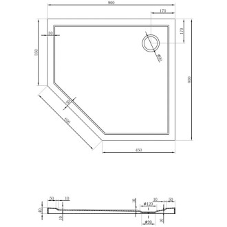 Mexen Flow úzka päťuholníková sprchová vanička pravá 90 x 80 cm, matná čierna - 46P708090R