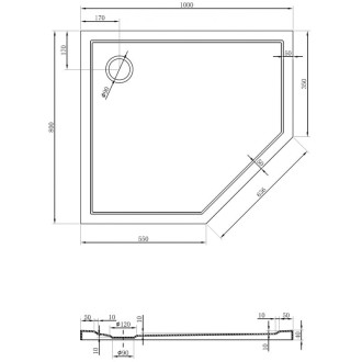 Mexen Flow úzka päťuholníková sprchová vanička ľavá 100 x 80 cm, matná čierna - 46P708010L