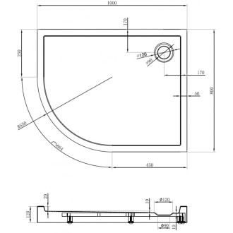 Mexen Flow+ polkruhová asymetrická pravá sprchová vanička 100 x 80 cm, biely lesk - 46Q108010RH