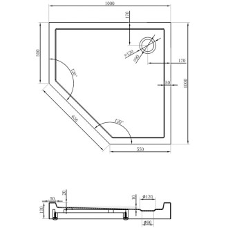 Mexen Flow+ päťuholníková sprchová vanička 100 x 100 cm, matná čierna - 46P701010H