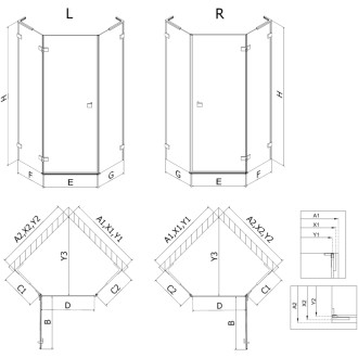 Sprchovací kút Mexen Lunar L päťuholníkový, pravý, výklopný, 80 x 100 cm, priehľadný, zlatý - 831L-080P-100L-50-00-P
