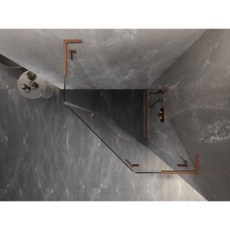 Sprchovací kút Mexen Lunar L päťuholníkový, pravý, výklopný, 90 x 90 cm, priehľadný, kartáčovaná meď - 831L-090P-090L-65-00-P