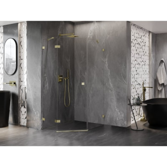 Sprchovací kút Mexen Lunar päťuholníkový, ľavý, výklopný, 80 x 90 cm, priehľadný, kartáčované zlato - 831-080L-090P-55-00-L