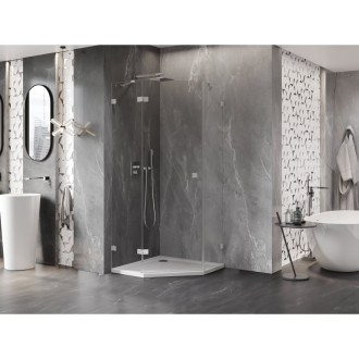 Sprchovací kút Mexen Lunar päťuholníkový, ľavý, výklopný, 90 x 90 cm, priehľadný, kartáčovaný nikel - 831-090L-090P-97-00-L