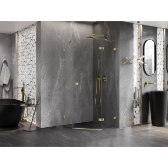 Sprchovací kút Mexen Lunar päťuholníkový, pravý, výklopný, 90 x 90 cm, priehľadný, zlatý - 831-090P-090L-50-00-P