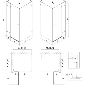 Sprchovací kút Mexen Lunar L s pravými pántami 90 x 80 cm, priehľadný, zlatý - 834L-090-080-50-00-P