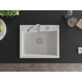 Jednodrezový žulový drez Mexen Elix 600 x 500 mm, biely, chrómovaný sifón - 6525601005-20