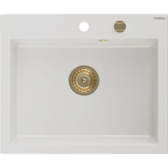 Jednodrezový žulový drez Mexen Elix 600 x 500 mm, biely, zlatý sifón - 6525601005-20-G