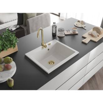 Jednodrezový žulový drez Mexen Elix 600 x 500 mm, biely, zlatý sifón - 6525601005-20-G