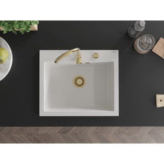 Jednodrezový žulový drez Mexen Elix 600 x 500 mm, biely, zlatý sifón - 6525601005-20-G