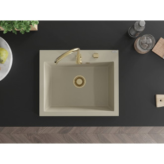 Jednodrezový žulový drez Mexen Elix 600 x 500 mm, béžová, zlatý sifón - 6525601005-69-G