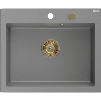 Jednodrezový žulový drez Mexen Elix 600 x 500 mm, sivý, zlatý sifón - 6525601005-71-G