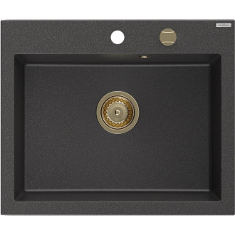 Jednodrezový žulový drez Mexen Elix 600 x 500 mm, čierna bodka, zlatý sifón - 6525601005-76-G