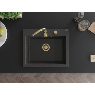 Jednodrezový žulový drez Mexen Elix 600 x 500 mm, čierna bodka, zlatý sifón - 6525601005-76-G