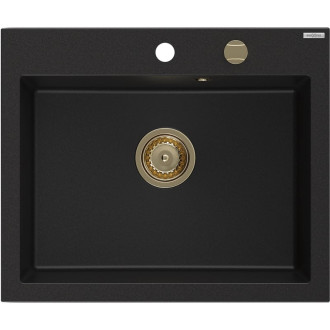 Jednodrezový žulový drez Mexen Elix 600 x 500 mm, čierny, zlatý sifón - 6525601005-77-G