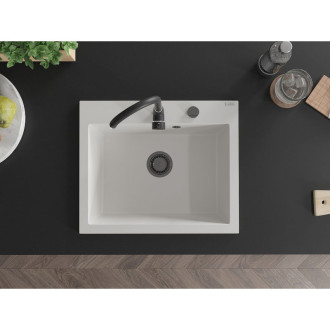 Jednodrezový žulový drez Mexen Elix 600 x 500 mm, biely, čierny sifón - 6525601005-20-B