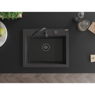 Jednodrezový žulový drez Mexen Elix 600 x 500 mm, bodkovaný čierna, čierny sifón - 6525601005-76-B