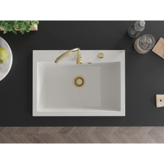 Jednodrezový žulový drez Mexen Elix 700 x 500 mm, biely, zlatý sifón - 6526701005-20-G