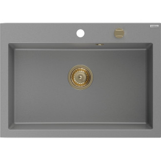 Jednodrezový žulový drez Mexen Elix 700 x 500 mm, sivý, zlatý sifón - 6526701005-71-G