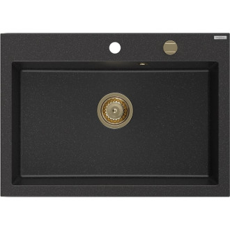 Jednodrezový žulový drez Mexen Elix 700 x 500 mm, čierna/strieborná metalíza, zlatý sifón - 6526701005-73-G