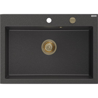 Jednodrezový žulový drez Mexen Elix 700 x 500 mm, čierna bodka, zlatý sifón - 6526701005-76-G