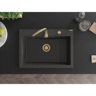 Jednodrezový žulový drez Mexen Elix 700 x 500 mm, čierna bodka, zlatý sifón - 6526701005-76-G