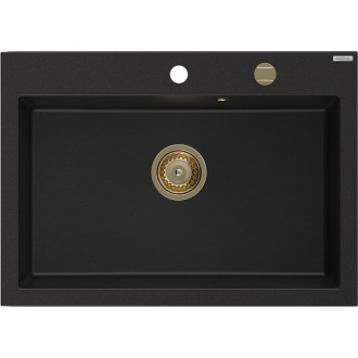 Jednodrezový žulový drez Mexen Elix 700 x 500 mm, čierny, zlatý sifón - 6526701005-77-G