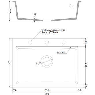 Jednodrezový žulový drez Mexen Elix 700 x 500 mm, čierna/strieborná metalíza, čierny sifón - 6526701005-73-B