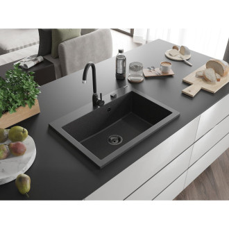 Jednodrezový žulový drez Mexen Elix 700 x 500 mm, bodkovaný čierna, čierny sifón - 6526701005-76-B