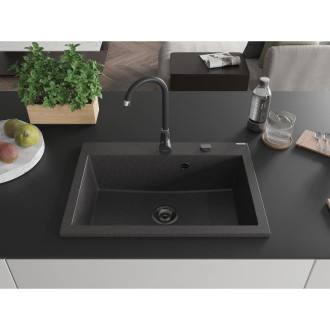 Jednodrezový žulový drez Mexen Elix 700 x 500 mm, bodkovaný čierna, čierny sifón - 6526701005-76-B