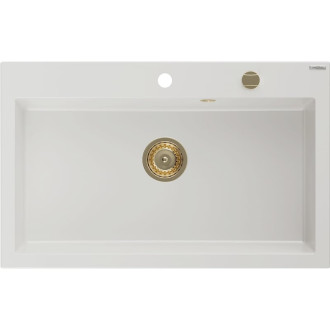 Jednodrezový žulový drez Mexen Elix 800 x 500 mm, biely, zlatý sifón - 6527801005-20-G