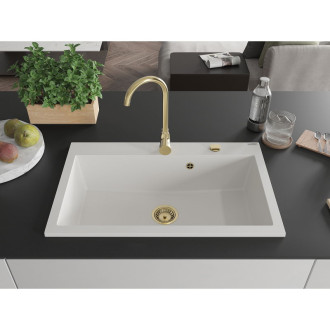 Jednodrezový žulový drez Mexen Elix 800 x 500 mm, biely, zlatý sifón - 6527801005-20-G