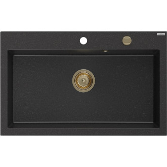 Jednodrezový žulový drez Mexen Elix 800 x 500 mm, čierna/strieborná metalíza, zlatý sifón - 6527801005-73-G