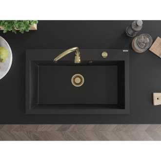 Jednodrezový žulový drez Mexen Elix 800 x 500 mm, čierna/strieborná metalíza, zlatý sifón - 6527801005-73-G