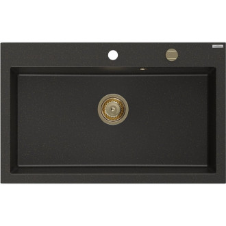 Jednodrezový žulový drez Mexen Elix 800 x 500 mm, čierna/zlatá metalíza, zlatý sifón - 6527801005-75-G