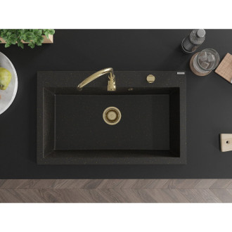 Jednodrezový žulový drez Mexen Elix 800 x 500 mm, čierna/zlatá metalíza, zlatý sifón - 6527801005-75-G