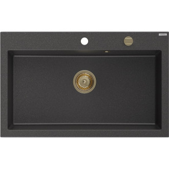 Jednodrezový žulový drez Mexen Elix 800 x 500 mm, čierna bodka, zlatý sifón - 6527801005-76-G