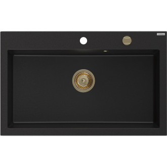 Jednodrezový žulový drez Mexen Elix 800 x 500 mm, čierny, zlatý sifón - 6527801005-77-G