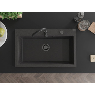 Jednodrezový žulový drez Mexen Elix 800 x 500 mm, bodkovaný čierna, čierny sifón - 6527801005-76-B